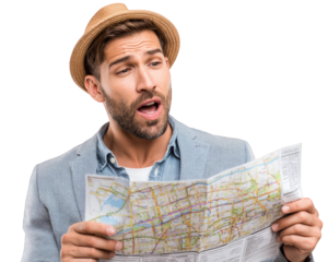 A man with stylish hat is looking at map with puzzled expression, trying to find his way. His attire suggests casual yet professional vibe, making scene both humorous and relatable