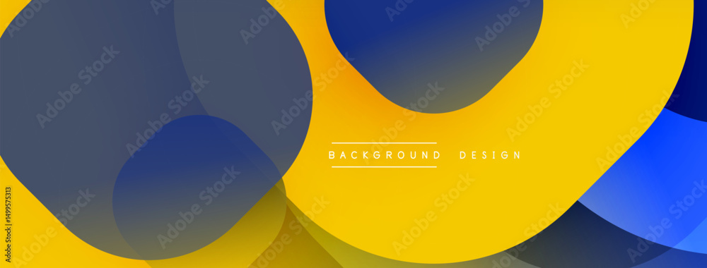 Poster abstract design features overlapping circles, vibrant blue, yellow hues. modern aesthetic, simple te