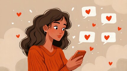 Illustration of woman using smartphone receiving love messages