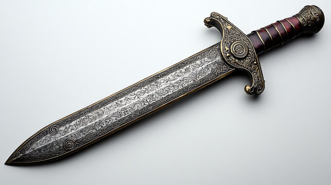 A beautifully decorated medieval rondel dagger with its circular handguard and slender blade, sharply detailed against a stark white background under soft professional studio lighting 