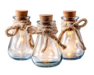 Enchanting glass jars with fairy lights create warm and inviting atmosphere, perfect for wedding decoration or home decor. rustic twine adds charming touch to elegant design
