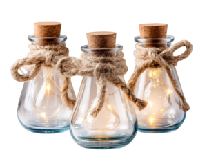 Enchanting glass jars with fairy lights create warm and inviting atmosphere, perfect for wedding decoration or home decor. rustic twine adds charming touch to elegant design