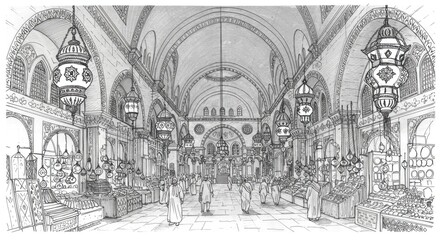 Fototapeta premium Kemeralti Bazaar with Canopies, Lanterns, and Arch