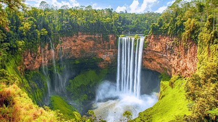 Majestic waterfall cascading into a lush valley surrounded by dense tropical forest