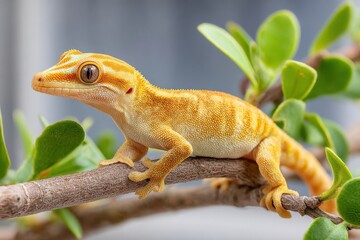 Obraz premium A close-up of a stunning yellow and orange gecko perched on a branch with lush green leaves, showcasing its intricate skin pattern and captivating eyes.