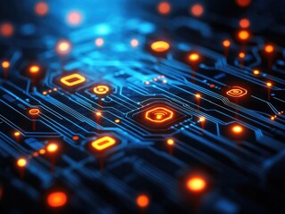 3D Rendered Circuit Board with Glowing Orange Cybersecurity Icons in Dark Blue Sci-Fi Style: Futuristic Data Protection Concept for Tech Presentations, Film Effects, or Engineering Branding. 