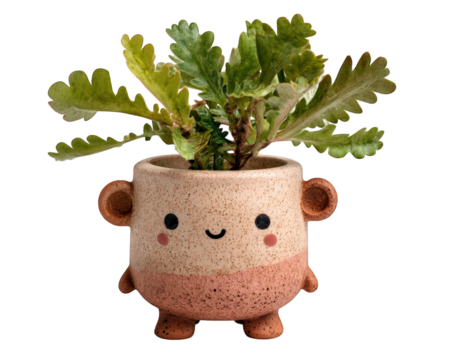 Cute animal shaped planter with smiling face, featuring green leafy plants. This charming pot adds playful touch to any indoor space, perfect for plant lovers and home decor enthusiasts