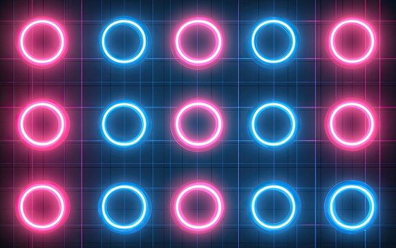A grid showcases alternating pink and blue neon circles on a dark background, creating a vibrant, retro aesthetic - Powered by Adobe