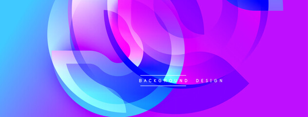 Abstract fluid shapes blend vibrant blues, pinks, purples. Modern design features overlapping translucent forms, creating dynamic visual effect.