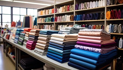 Colorful fabrics are neatly arranged on tables, inspiring designers and artists alike.