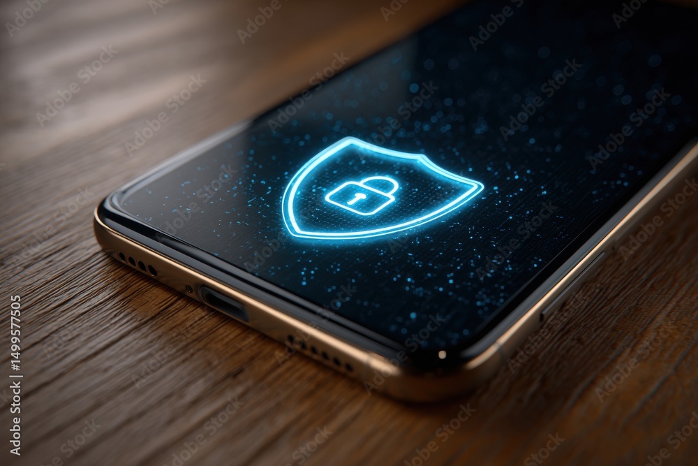 Poster a close up of a modern smartphone displaying a glowing digital security shield with a padlock, sugge