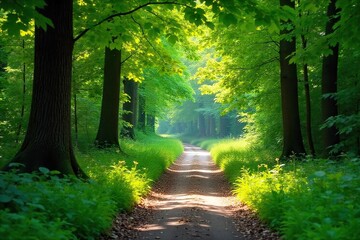 A tranquil scene of a pathway winding through lush green foliage, dappled sunlight filtering through leaves Perfect for nature, travel, and serenity themes , path, green