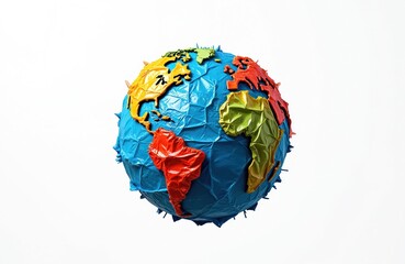 3D globe concept with continents made from crumpled plastic. Illustration represents environmental pollution, global warming, climate change, plastic waste. Earth continents covered with crumpled