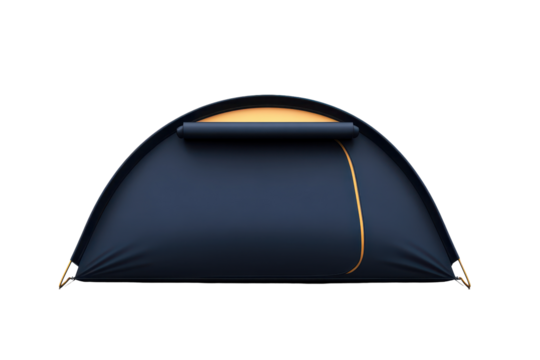 Dark-navy dome tent with gold accents, shown front-on against a black background; a minimalist, streamlined design