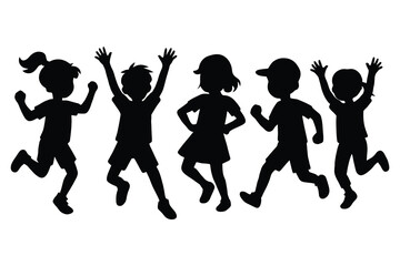 Silhouette of Five Happy Children Playing and Jumping
