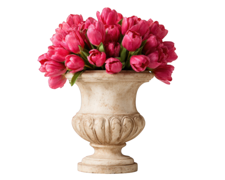 Beautiful arrangement of vibrant pink tulips in classic stone vase, showcasing stunning floral display. elegant design of vase complements lively colors of flowers, creating cheerful atmosphere