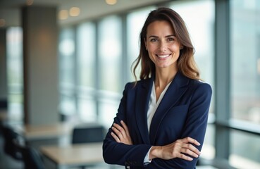 Smiling businesswoman stands arms crossed. Corporate pro in navy blue business suit in office. Successful female boss looks at camera. Confident happy woman leader.