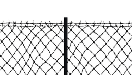 Chain link fence with barbed wire top isolated on a white background