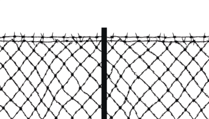 Chain link fence with barbed wire top isolated on a white background