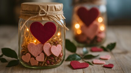 Decorative jar filled with hearts and lights creates a romantic atmosphere for special occasions