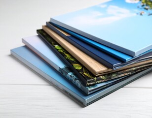 Photography canvas prints. Stack of colorful photos with gallery wrap on white wooden