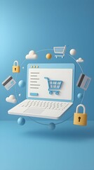 Conceptual illustration of online shopping with a laptop and shopping cart on a light blue background