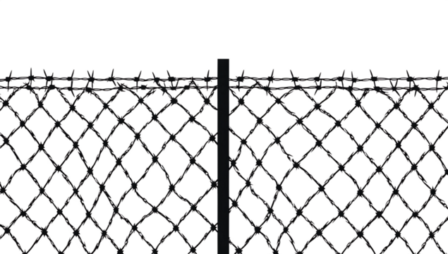 Chain link fence with barbed wire top isolated on a white background