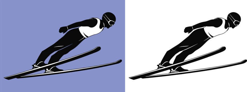 Ski Jumping Freestyle Silhouette &ndash; Dynamic Winter Sports Action with Athlete Mid-Air &ndash; Vector Art for Extreme Sports Design