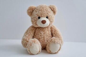 A close-up studio shot capturing the charming innocence of a beige plush teddy bear, set against a plain background, perfect for depicting childhood comfort and toy collections.