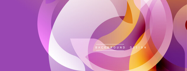 Abstract purple, pink, orange shapes overlap. Modern design features smooth gradients, dynamic composition. Background suggests fluidity, energy.