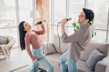 Young couple enjoying a fun singing duet together in their cozy living room during a relaxing...