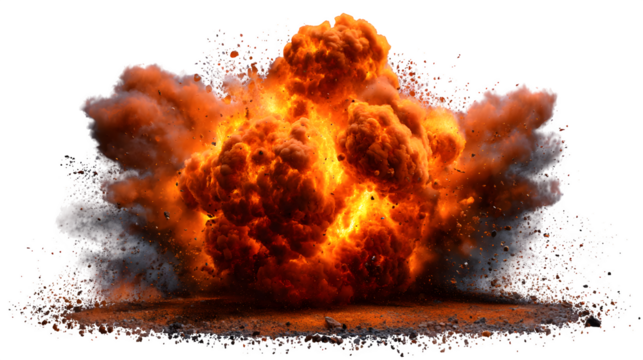 A fire explosion blast with dynamic flames and debris, isolated on transparent background