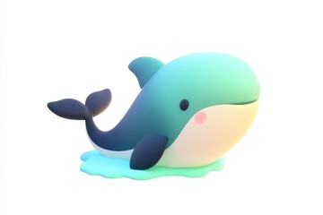 3D cartoon whale waterfall icon with deep blue and pearl white details, ultra-high definition, white background, isometric view, digital art.