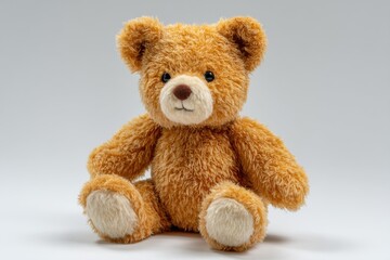 Obraz premium A cuddly teddy bear sitting against a plain background, perfect for illustrating childhood memories, comfort, or gift ideas, with detailed fur texture.