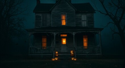 A haunted house on a dark, foggy night, illuminated by jack-o'-lanterns.  Spooky atmosphere