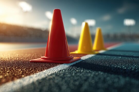 A close-up of training cones on a running track with sunlight in the distance, symbolizing focus and preparation for athletic competition on a sports field.