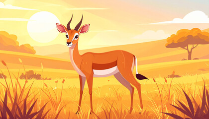 Naklejka premium an animal stands in a grassy field under a bright, shining sun. the field contains tall grasses in the foreground and a few short trees in the background