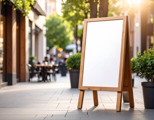 Blank advertising menu board mockup on the wooden stand at the sidewalk cafe