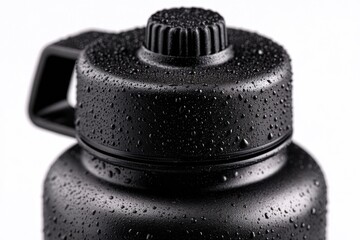 Close-up studio shot of a wet, matte black, plastic water bottle against white, showing condensation droplets, bottle cap and handle texture in dark tones.