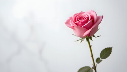 Title: Soft Pink Rose in Gentle Light with Lush Green Leaves and Elegant Petal Layers