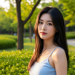 Fototapeta premium Natural Beauty: Young Korean Woman Portrait in Sunny Summer Park