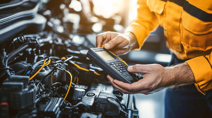 A mechanic using a diagnostic tool on a car engine in a workshop.