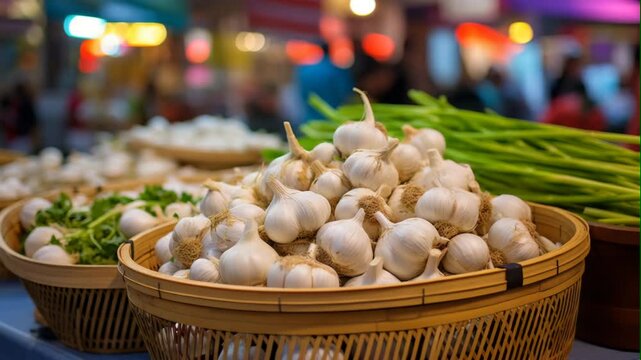 garlic in market on blur background