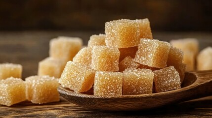 Sweet, golden-brown, square, candied cubes on wooden spoon