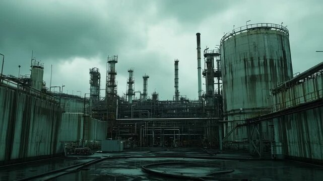 A large industrial plant with a lot of pipes and tanks. The sky is cloudy and the atmosphere is gloomy