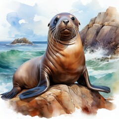 Verspielter Seel&ouml;we auf Felsen &ndash; Aquarell