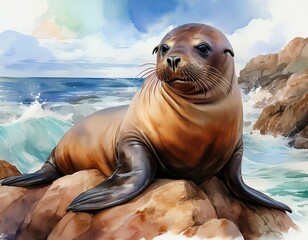 Verspielter Seel&ouml;we auf Felsen &ndash; Aquarell