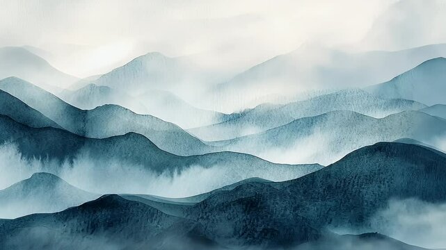 Abstract blue misty mountain landscape painted in minimal flowing watercolor gradient. Abstract concept