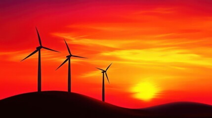 Obraz premium Wind turbines silhouette at vibrant sunset