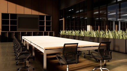 Empty conference meeting room interior design with chairs, TV, big glass window, wood furniture office
